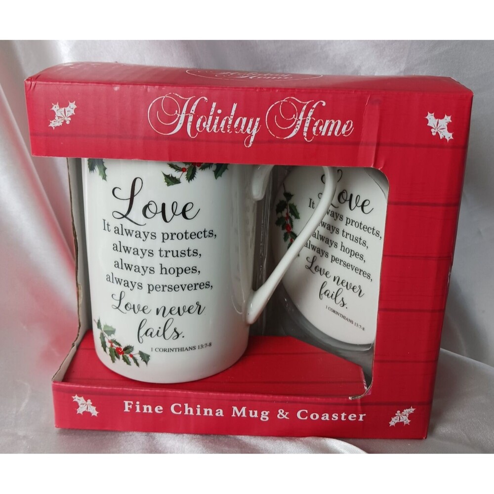 HOLIDAY HOME LOVE NEVER FAILS BIBLE VERSE MUG & COASTER SET